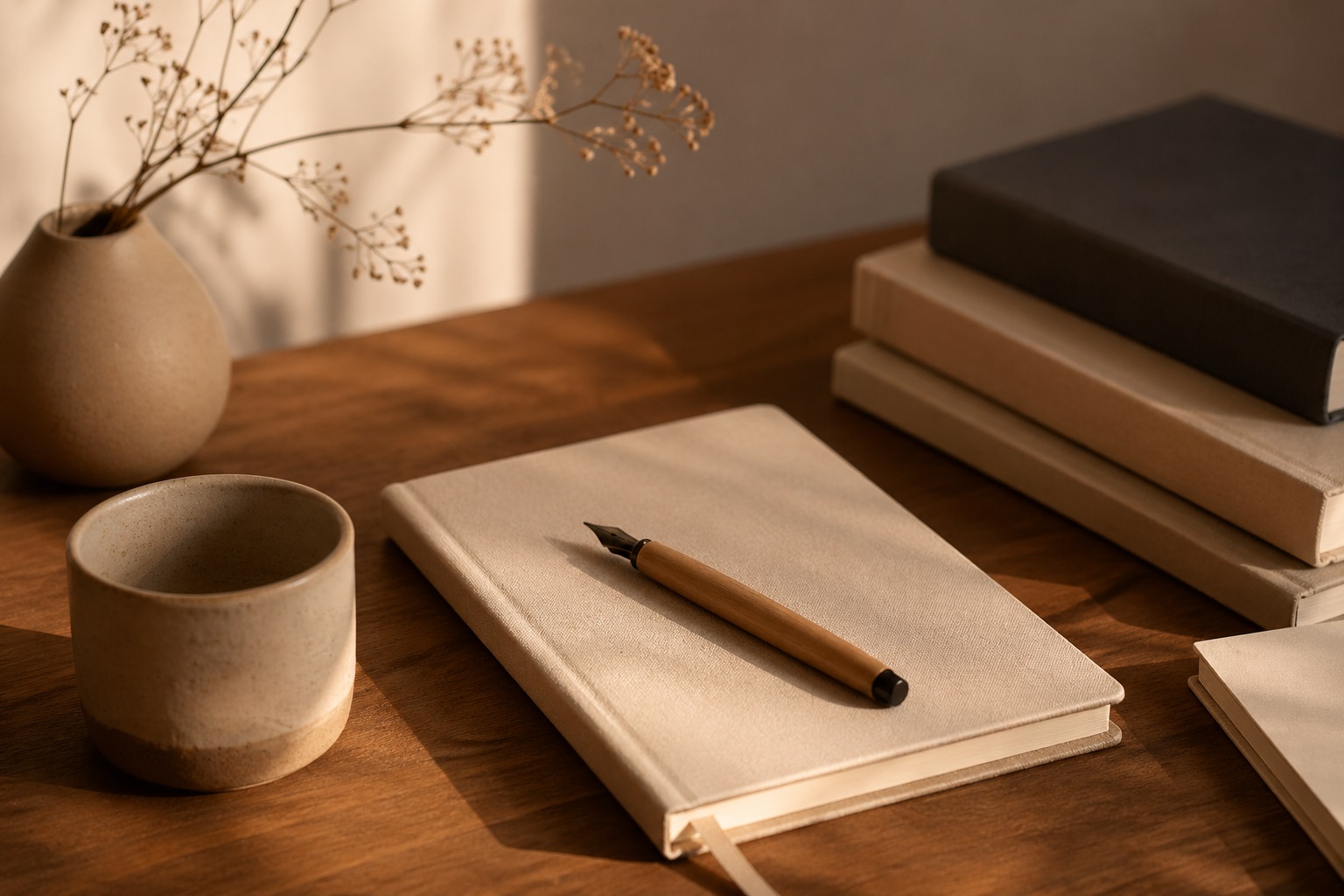 Warmer Tisch mit Buch, Stift und Kaffeetasse